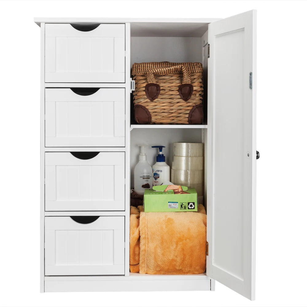 Single Door Storage Cabinet with 4 Drawers White