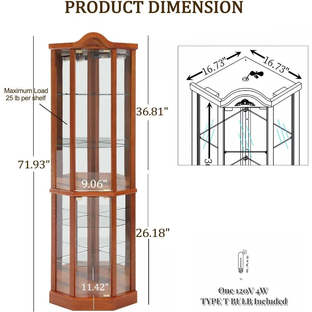 lighted wooden corner curio cabinet