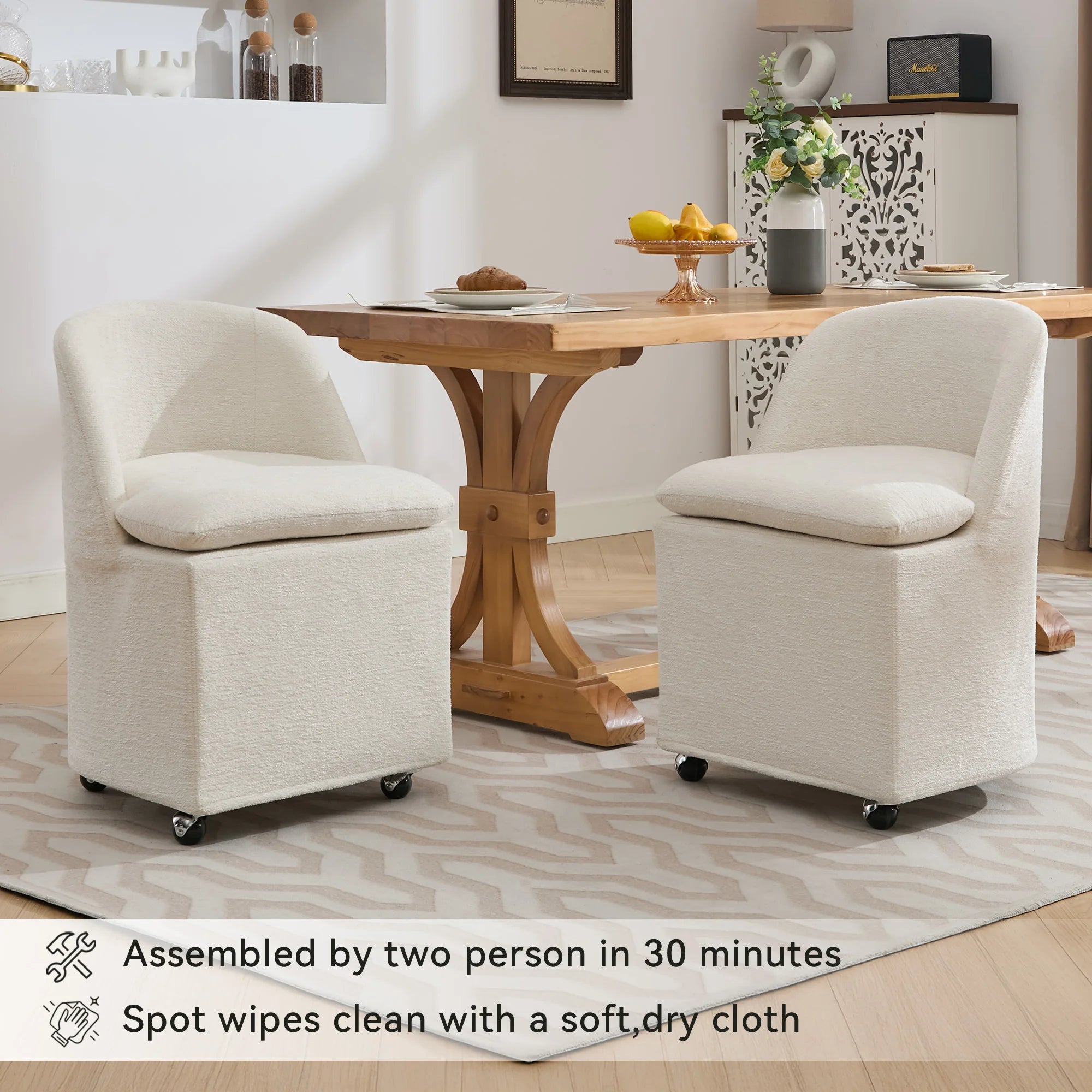 Set of 2 Chenille Fabric Dining Chairs With Universal Wheels
