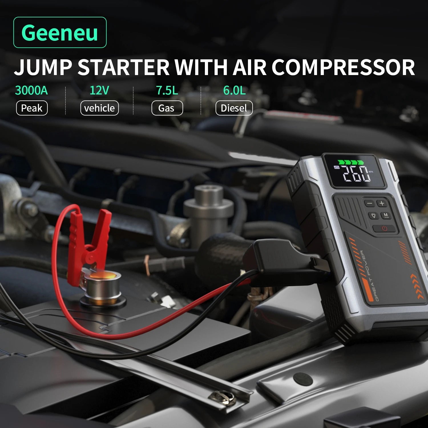 Portable Car Jump Starter With Air Compressor, 3000A Peak(7.5L Gas, 6.5L Diesel) , Jump Starter Battery PackWith150 PSl Tire Inf