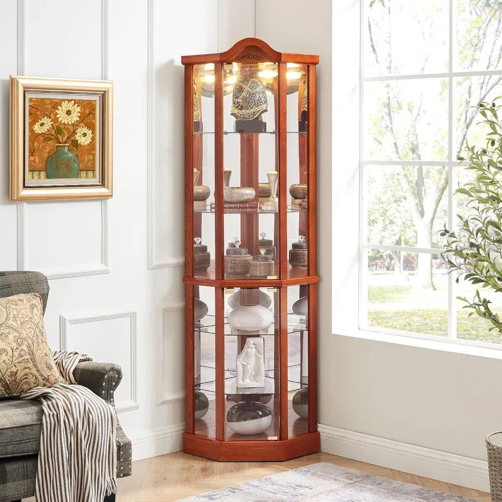 lighted wooden corner curio cabinet