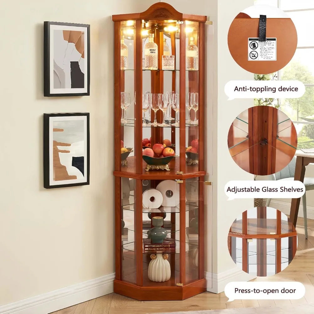 lighted wooden corner curio cabinet