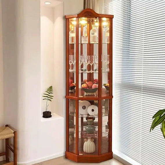 lighted wooden corner curio cabinet