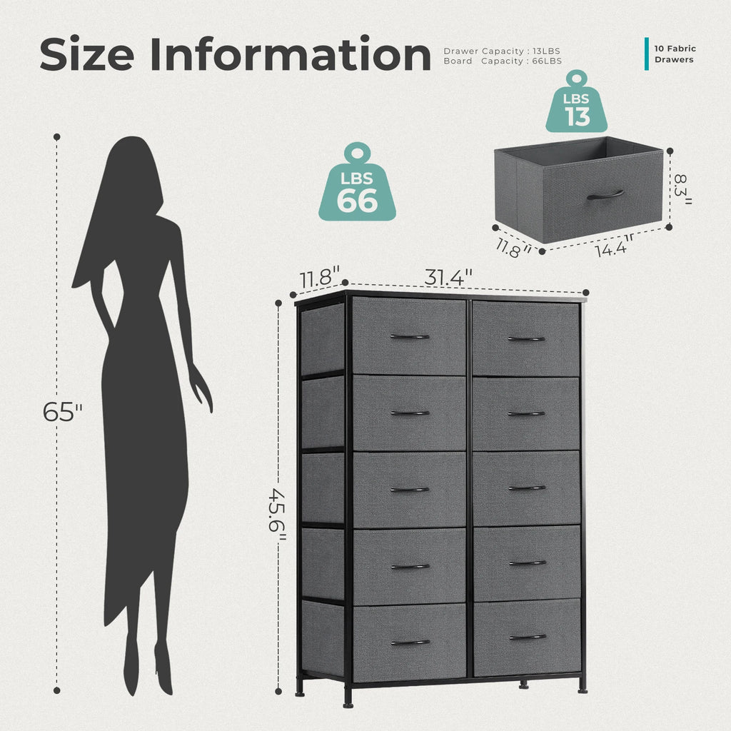 10 Fabric Drawers Nightstand Storage Cabinet