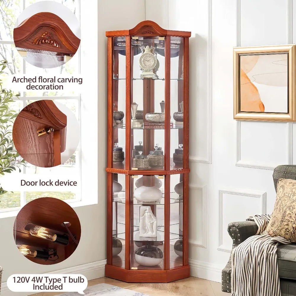lighted wooden corner curio cabinet