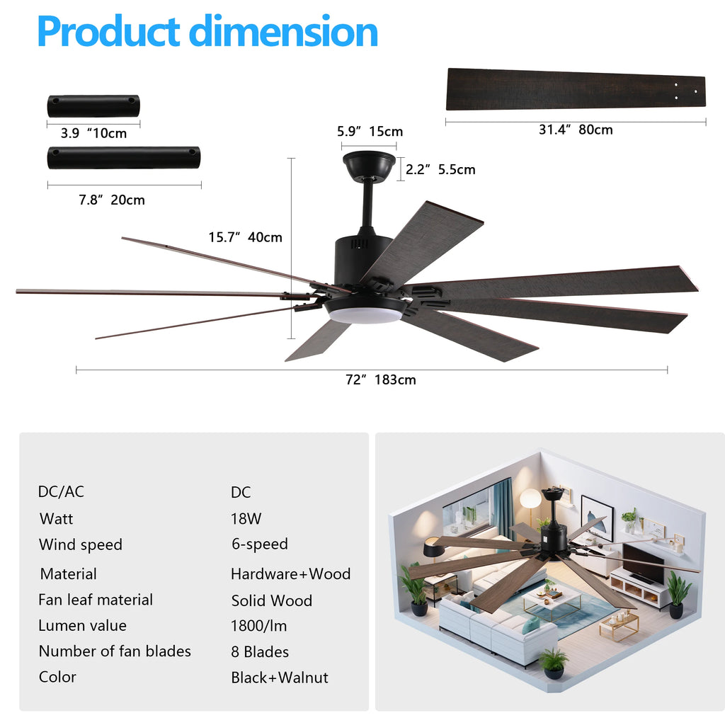 72 Inch Large Diameter Black Ceiling Fan