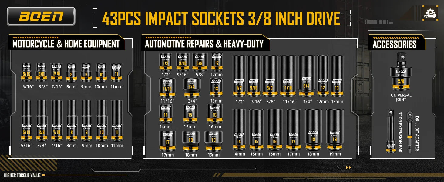 BOEN Pro 3/8" Drive Impact Socket Set