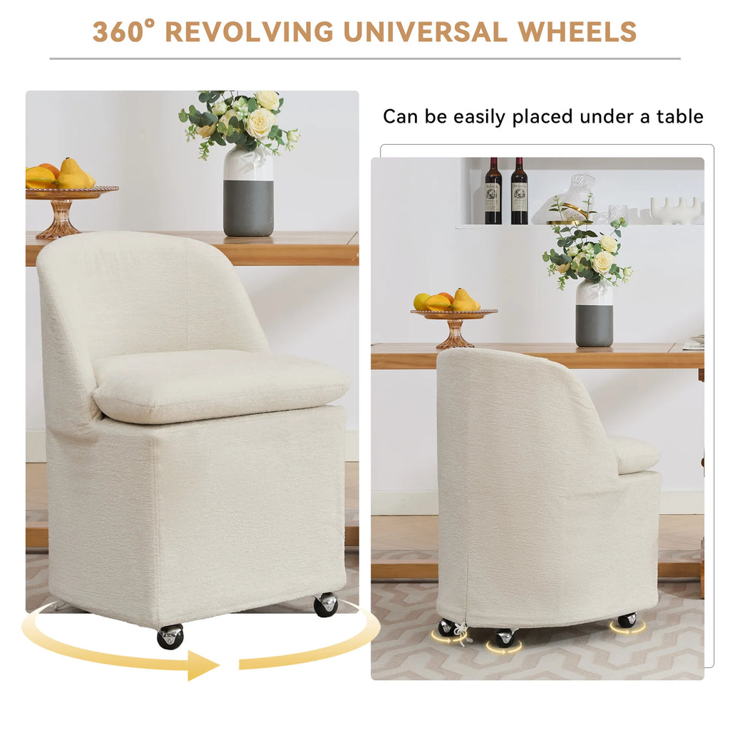 Set of 2 Chenille Fabric Dining Chairs With Universal Wheels