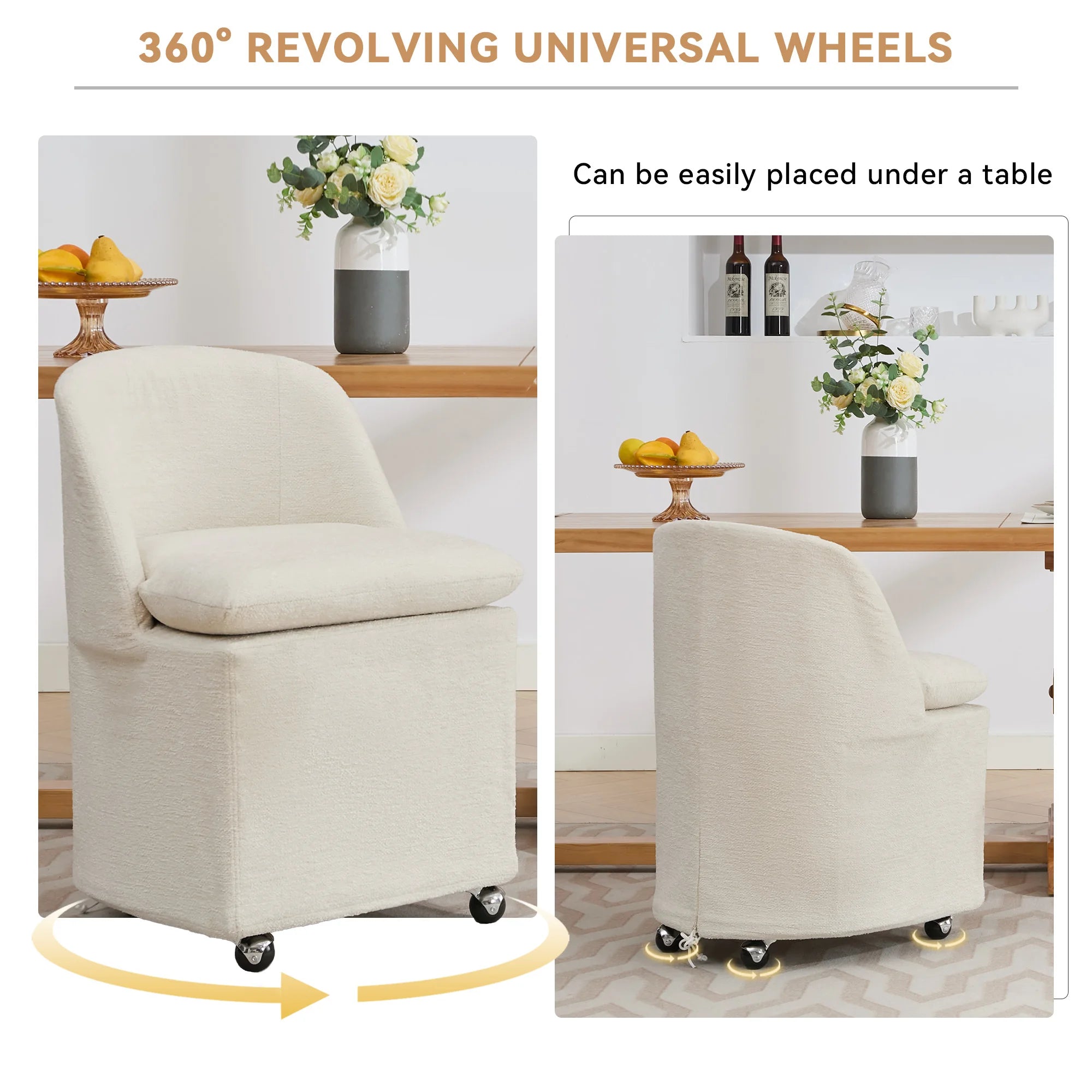 Set of 2 Chenille Fabric Dining Chairs With Universal Wheels