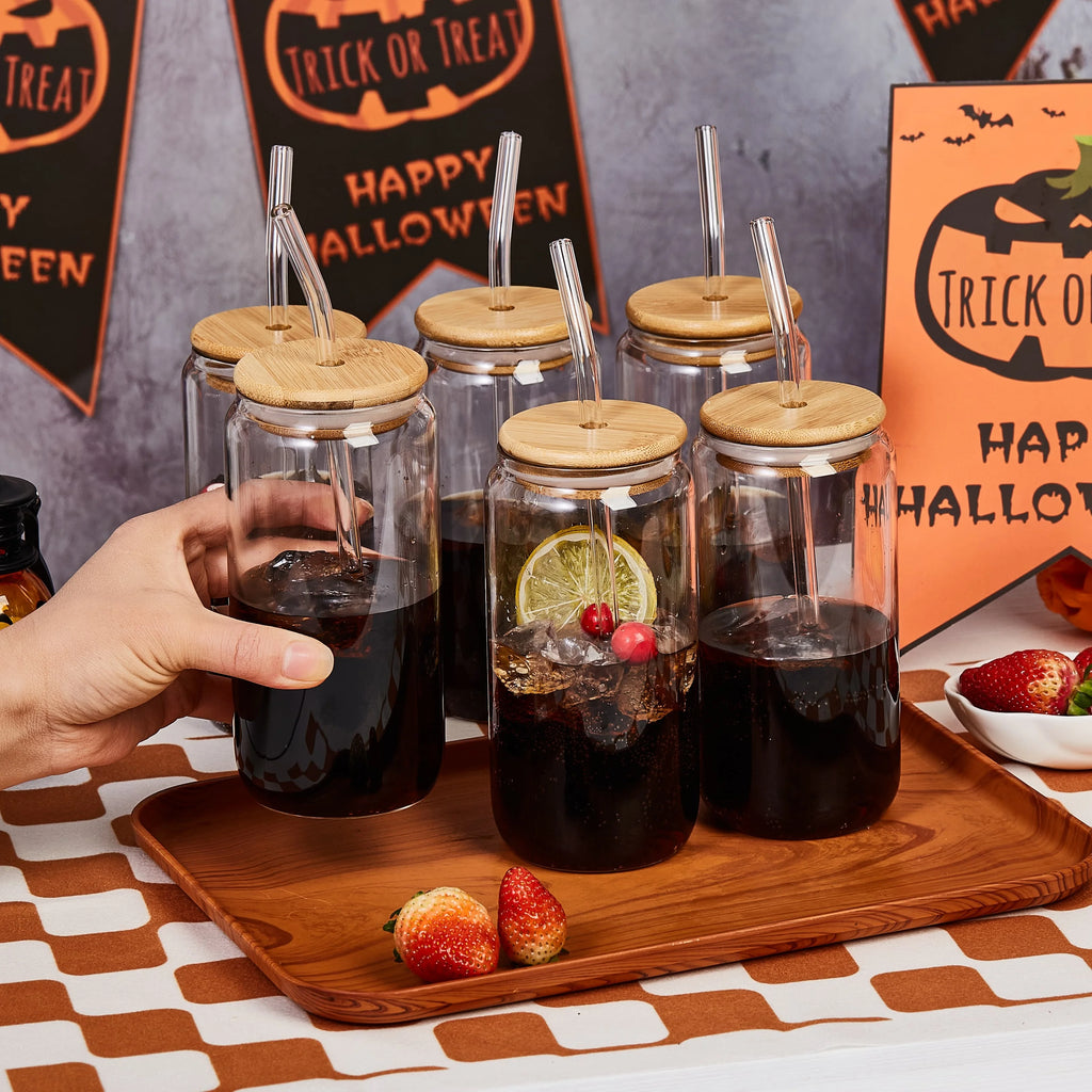 Drinking Glasses with Bamboo Lids and Glass Straw