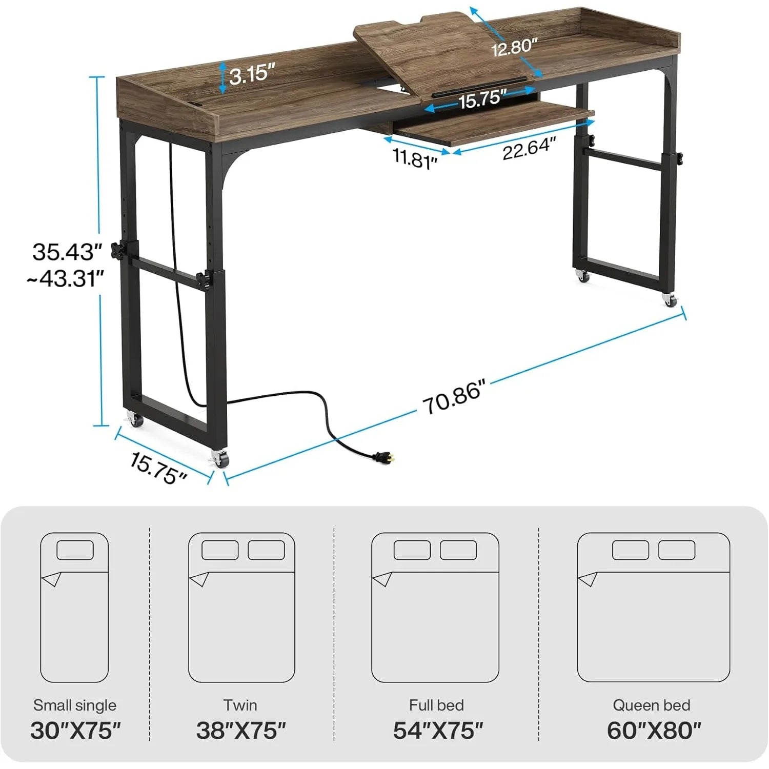 Queen Size Over Bed Desk with Adjustable, Mobile Laptop Cart Computer Desk