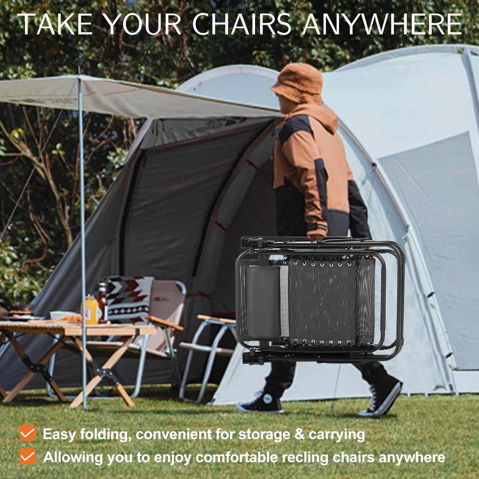 JHK Zero Gravity Set of 2 Portable Recliner Camping Chair