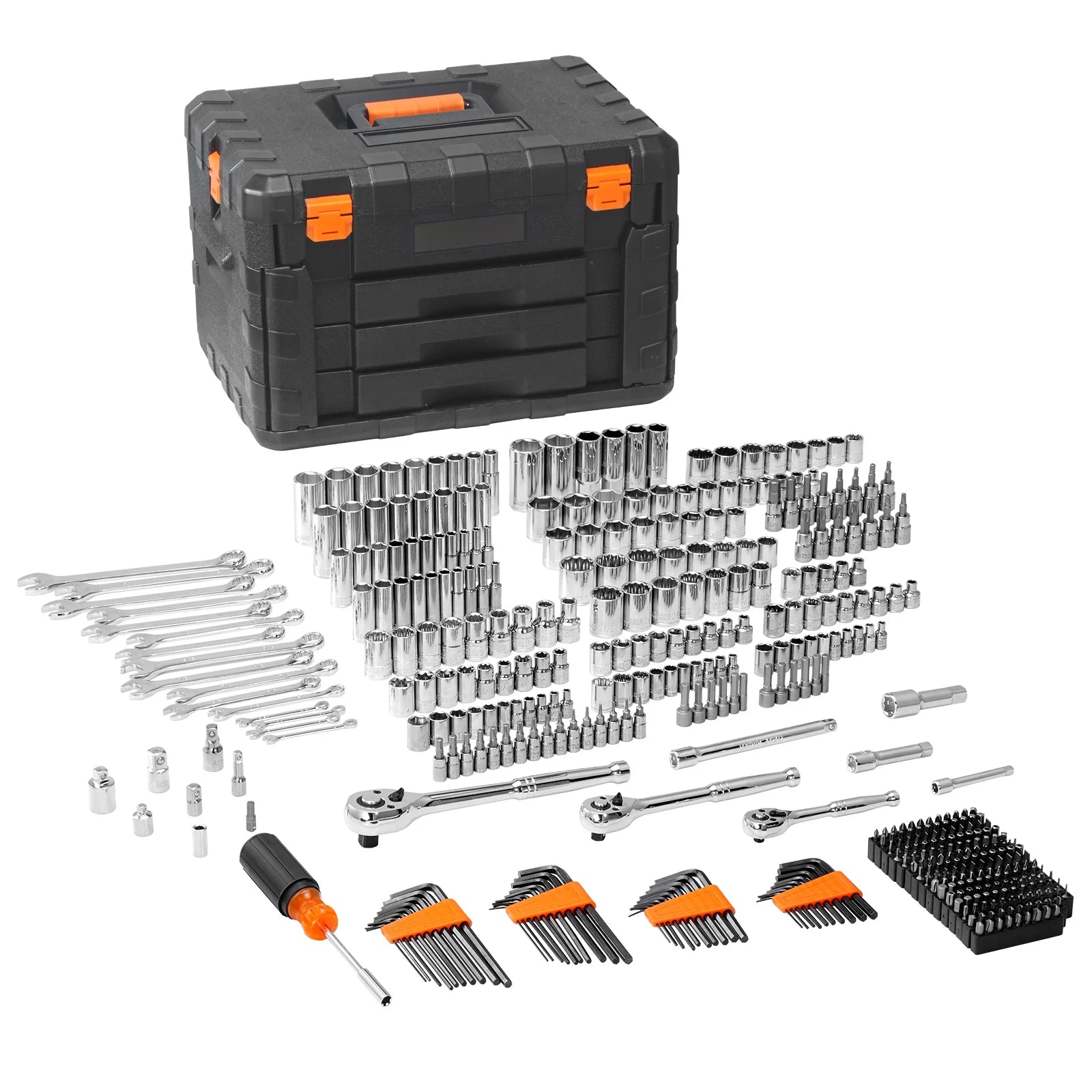 Mechanics Tool Set and Socket Set 1/4" 3/8" 1/2" Drive Deep Standard Sockets 450 Pcs SAE and Metric Mechanic Tool Kit
