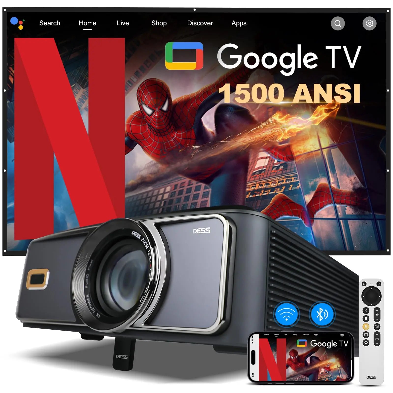 DESS Projector 4k Auto Focus Voice Control Home Theater with Netflix & Google TV Projector