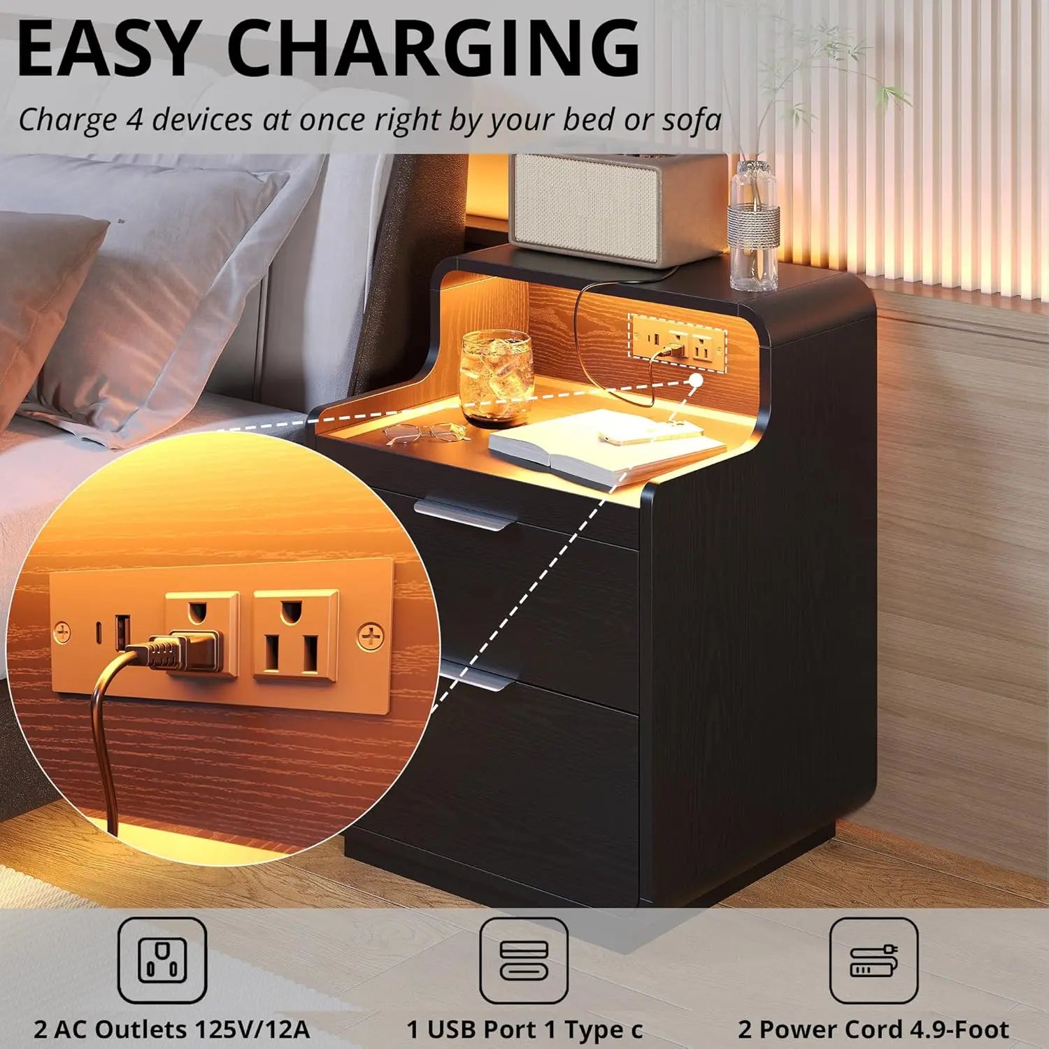LIKIMIO Nightstand with Charging Station and LED Lights, Night Stand with Pull-Out Shelf, Bedside Table for Bedroom, Black