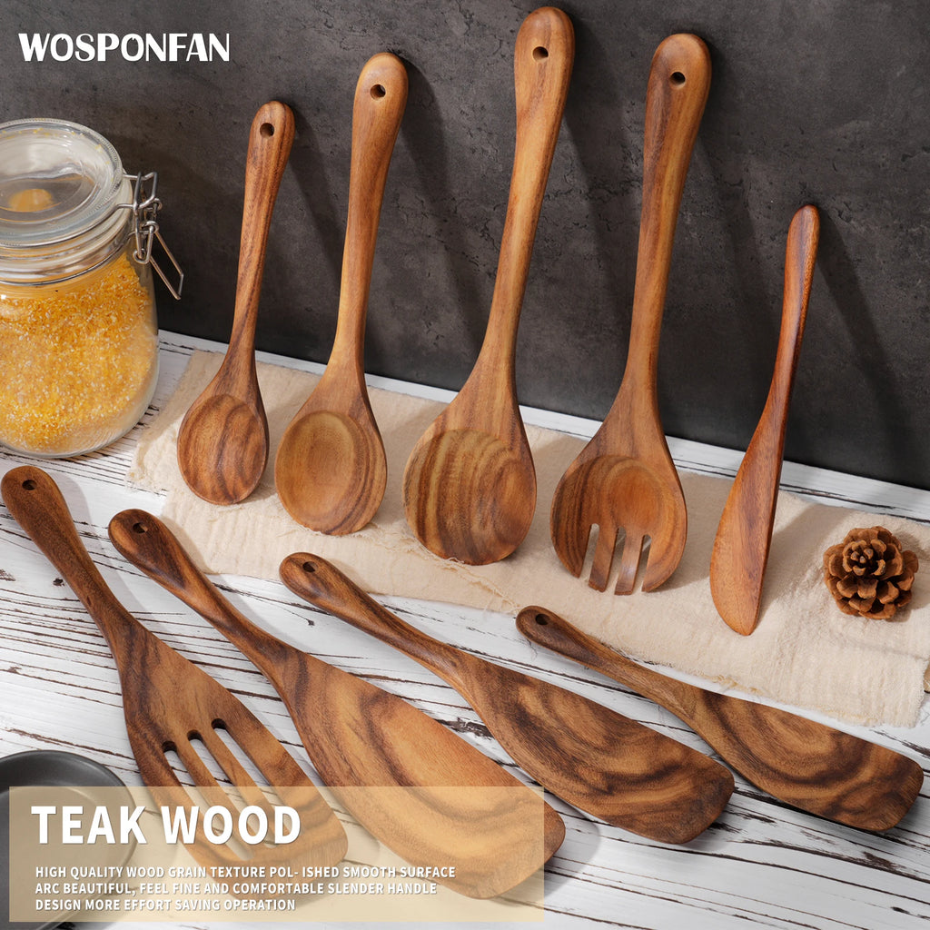 9 PCS Kitchen Utensils Set, Wooden Spoons