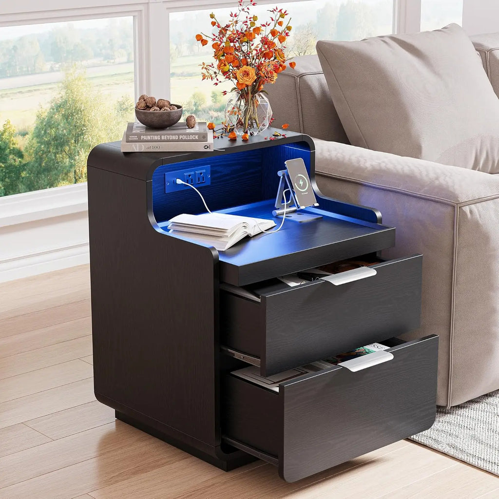LIKIMIO Nightstand with Charging Station and LED Lights, Night Stand with Pull-Out Shelf, Bedside Table for Bedroom, Black