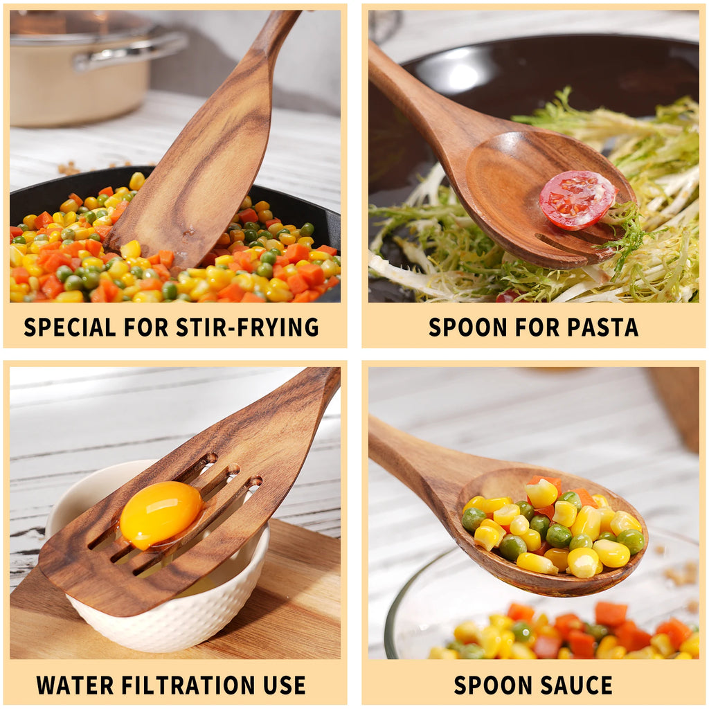 9 PCS Kitchen Utensils Set, Wooden Spoons