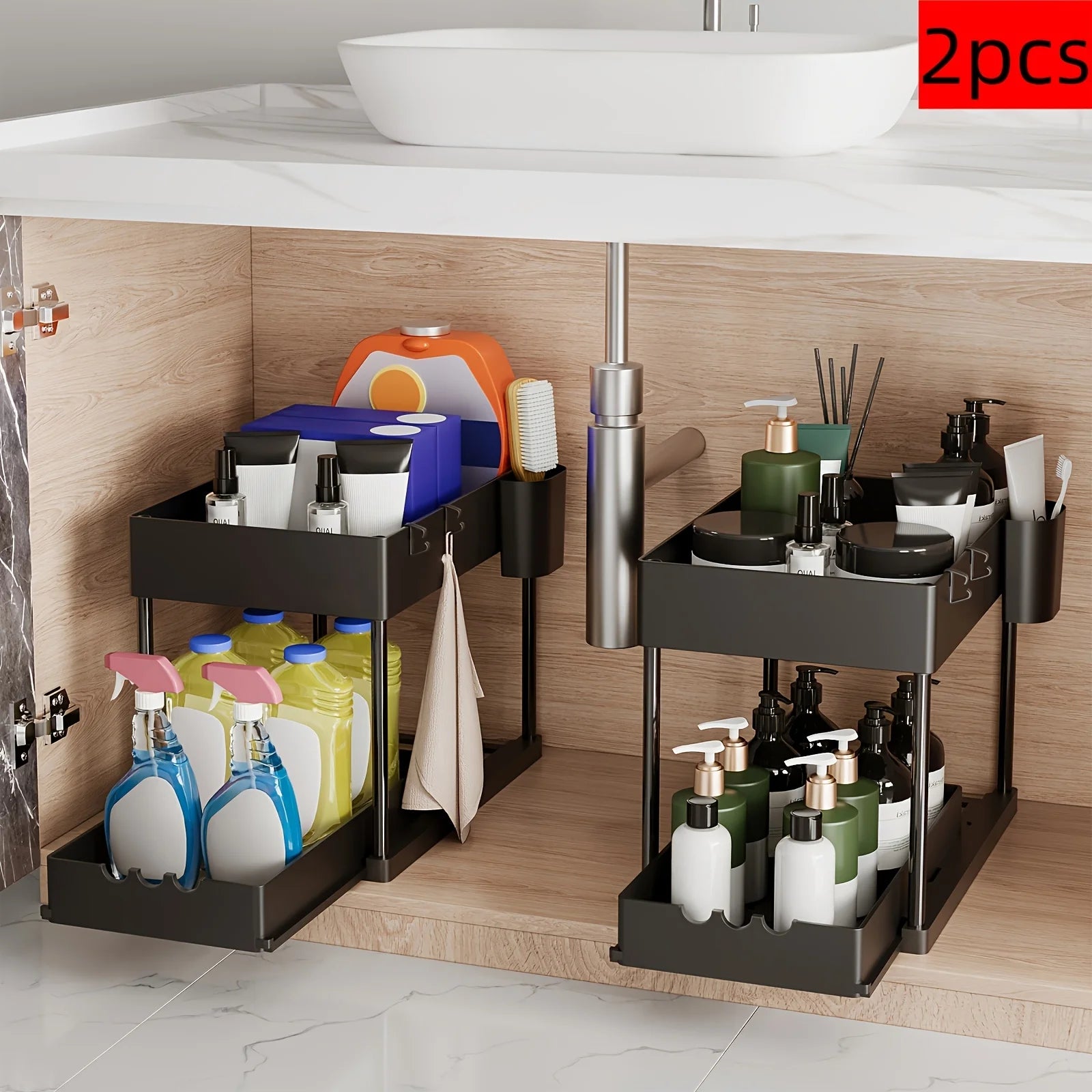 2Pcs 2-Tier Sliding Cabinet Organizer