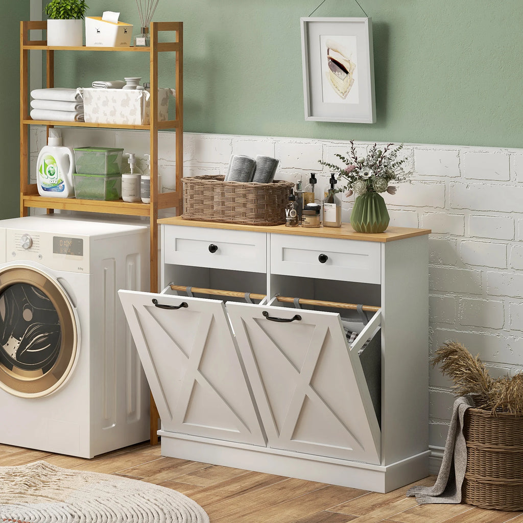Tilt Out Laundry Hamper Cabinet with 2 Baskets and 2 Drawers, White