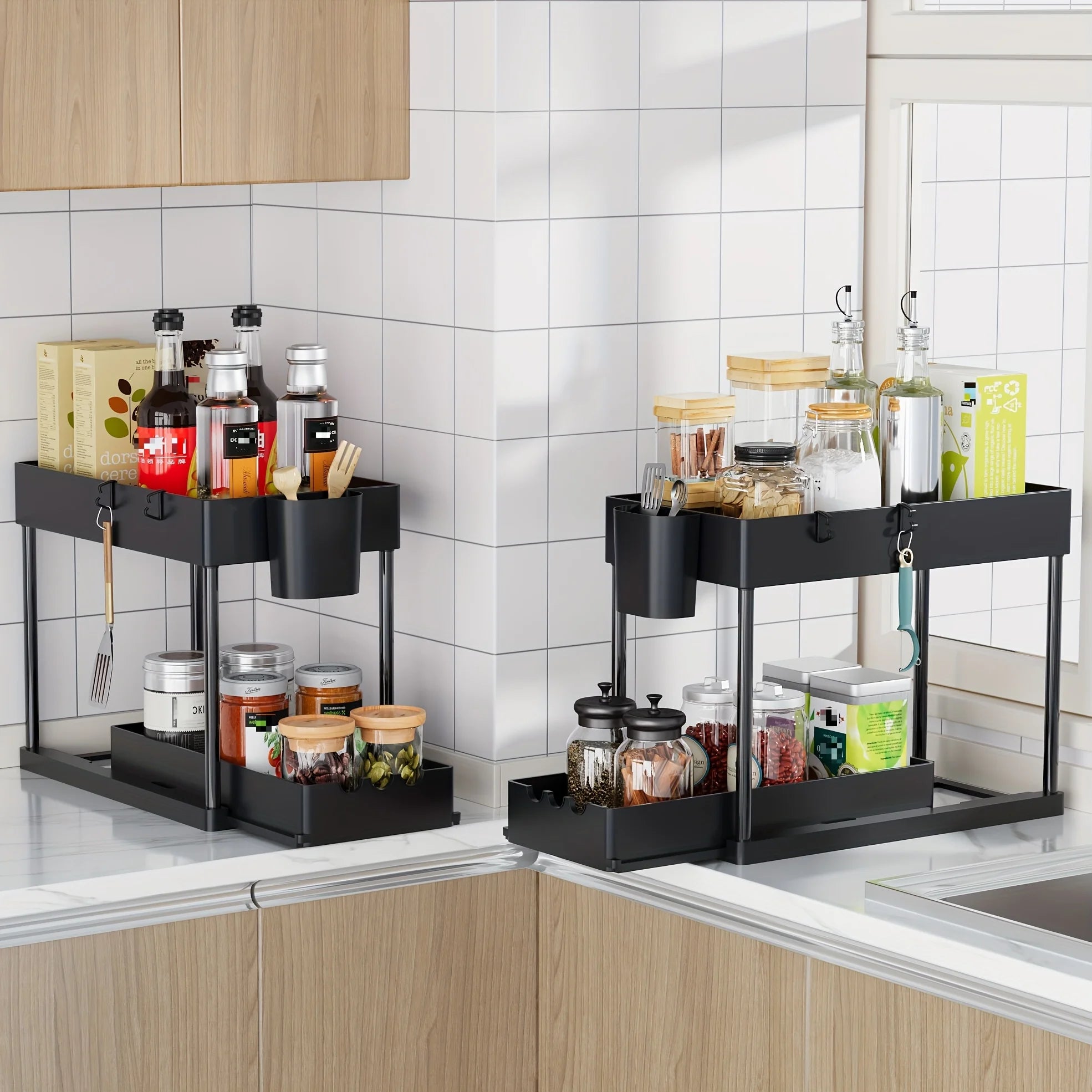 2Pcs 2-Tier Sliding Cabinet Organizer