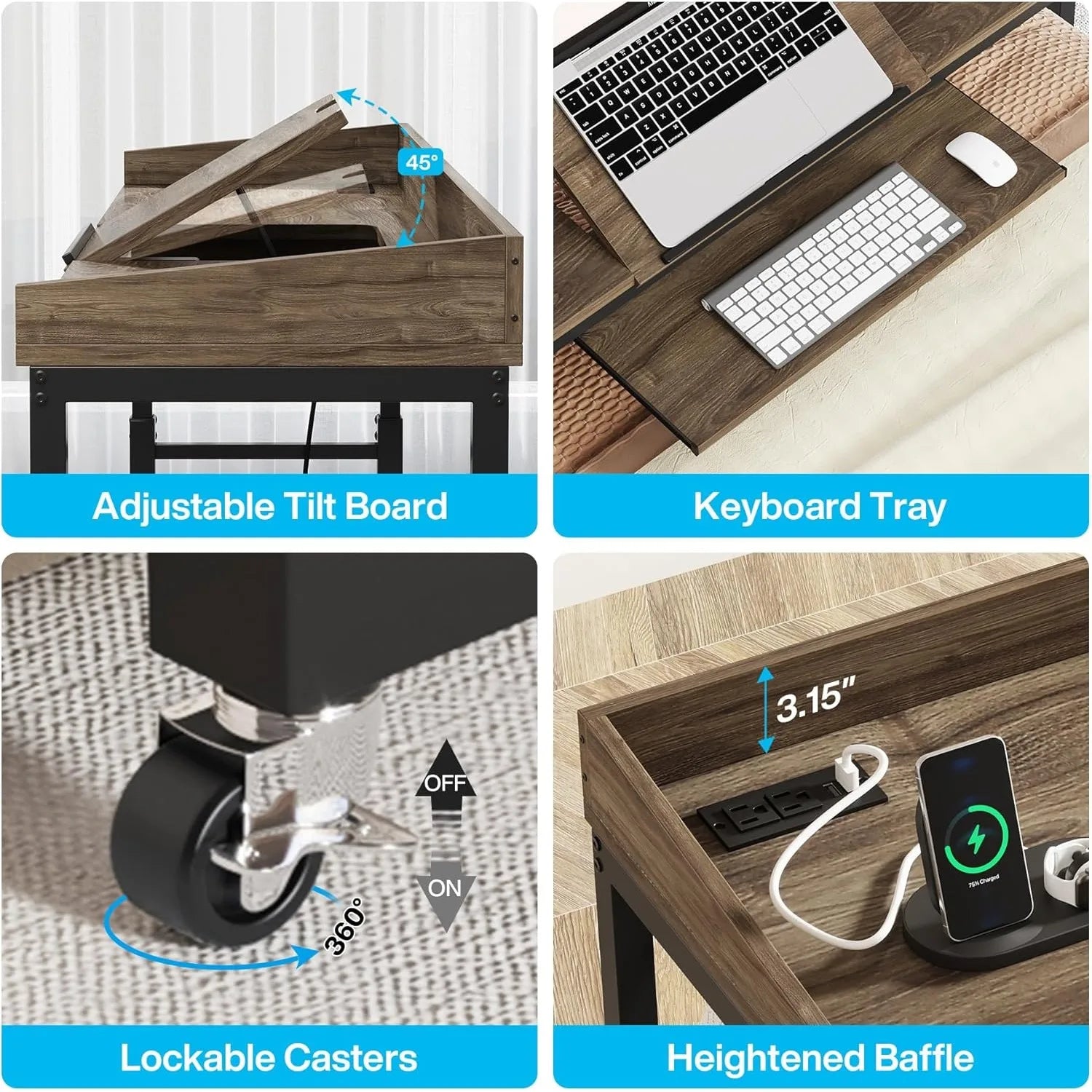 Queen Size Over Bed Desk with Adjustable, Mobile Laptop Cart Computer Desk
