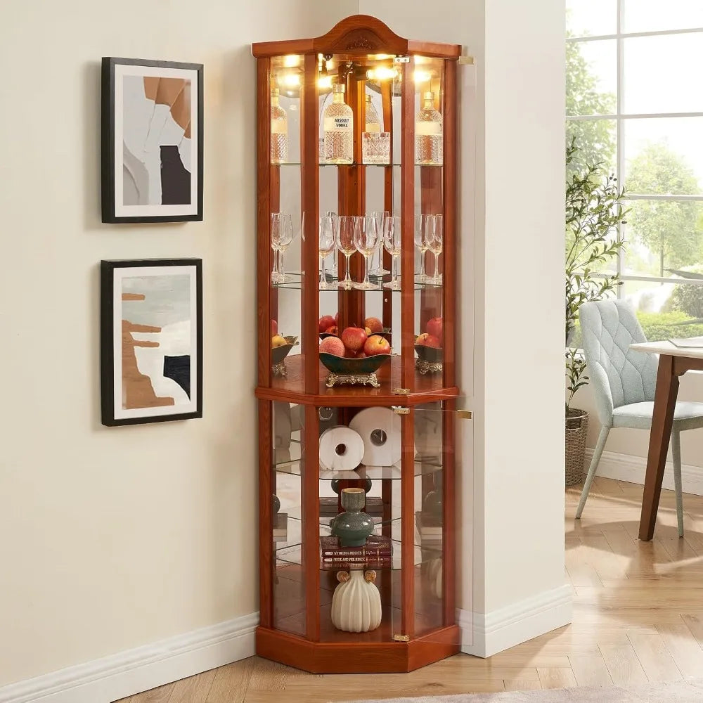 lighted wooden corner curio cabinet