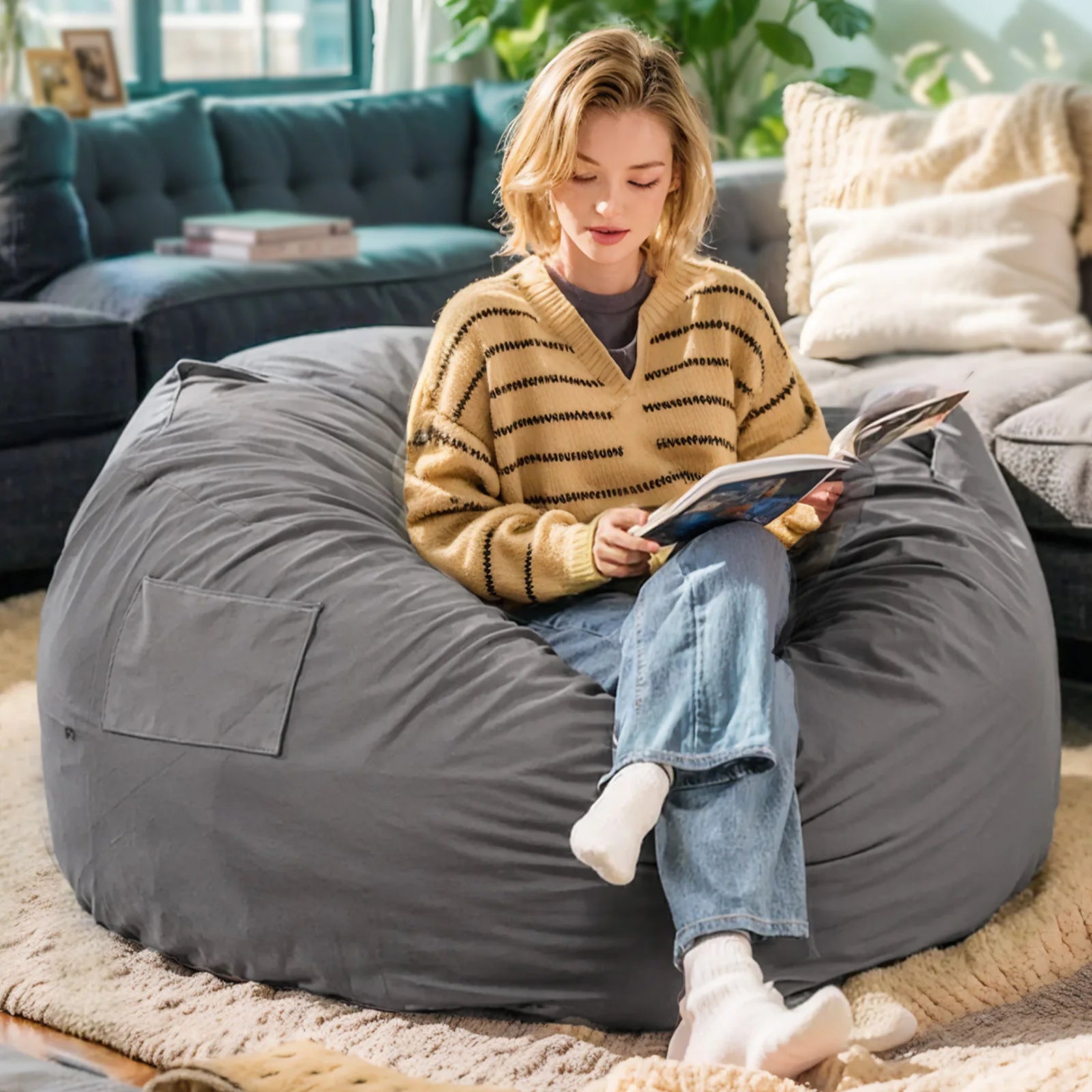 JHK Oversized 3/4FT Bean Bag Chair for Gaming Reading Lazy Sofa.